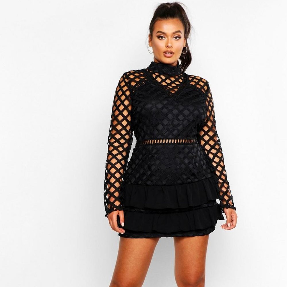 Boohoo Plus Premium High Neck Black Ruffle Dress